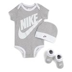 Nike Baby Hat, Bodysuit and Booties 3-Piece Gift Box Set, Grey Sportswear, 6/12M