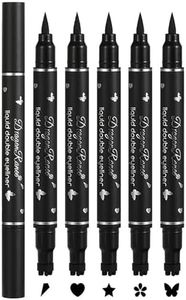 Hinourisha 5 Pcs Double-headed Liquid Eyeliner Stamp Pen Set, Waterproof Long Lasting Black Eyeliner Pencil,Smudgeproof Lazy Eye Liners Stencils Eye Tattoo Makeup-Triangle/Heart/Star/Flower/Butterfly