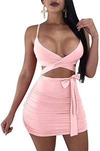 GOBLES Women's Sexy Bodycon Spaghetti Strap Ruched Lace Up Mini Club Dress Pink