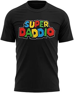 Purple Print House Gamer Dad Gifts, Super Daddio Tshirt, for Dad Step from Son Daughter Funny Retro Gaming Mens, Black, XL