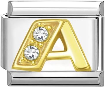 Quiges - Modulo Charm Link in Stile Italiano da 9 mm in Acciaio Inox Lettera C dell'alfabeto in Oro zirconio per bracciali in Stile Italian Links