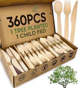 EcoPreps 100% Compostable Wooden Cutlery Set (360 PCS - 150 Forks, 125 Spoons, 85 Knives) Eco-Friendly, Natural, Biodegradable Disposable Utensils Set | Birch Wood Disposable Forks, Knives, Spoons Set