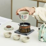 Floral-Themed Portable Tea Set (Wisteria), Gongfu Tea Set for One to Three, 1 Ceramic Teapot and 3 Mini Cups, Chinese Tea Set Gift