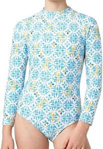 Tame the Sun Long Sleeve Girls Swimsuit - Rash Guard One Piece Bathing Suit - UPF 50+ Zipper Girls Swimwear (Mosaic, 10)