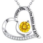 Birthday Gifts for Mom Wife Citrine Necklace for I Love You to the Moon and Back Pendant Sterling Silver Love Heart Jewelry for Her Anniversary