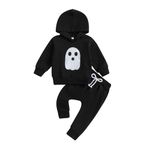 MAHUAOYIXI Toddler Boys Halloween Outfits Ghost Embroidery Long Sleeve Hoodie Sweatshirts with Elastic Waist Pants 2Pcs Tracksuits Baby Boys Halloween Clothes Set (Black, 12-18 Months)