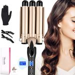 Three Barrel Waver Wand 28MM for SOFT MERMAID WAVES, AIMERVO Wavy Hair Styler 14 Adjustable Heat Settings with Digital Temperature Display, Tourmaline Ceramic Technology, Includes Heat Resistant Glove