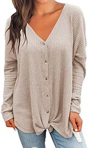 MIHOLL Womens Loose Blouse Long Sleeve V Neck Button Down T Shirts Tie Front Knot Casual Tops (X-Large, Z- Oatmeal)