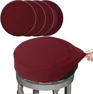 BUYUE 4 Pcs Bar Stool Covers, Luxury Fabric Dia.16-18" Round Stretchy Crease-Resistant Washable Jacquard Dustproof Stool Seat Slipcover, L-Burgundy-Set of 4