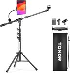 TONOR Mic Stand, Microphone Stand with Tablet Holder, Tripod Boom Arm for Floor, Adjustable Height and Angle, Heavy Duty DJ Stand with Carrying Bag, Phone and iPad Clamp