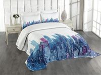 Lunarable New York Bedspread, Skyline of NYC Manhattan Brooklyn Bronx Queens Scratched Pattern, Decorative Quilted 3 Piece Coverlet Set with 2 Pillow Shams, Queen Size, Blue Purple