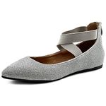 Ollio Women's Glitter Elastic Ankle Strap Pointed Toe Ballet Flats F189, Silver, 6.5 UK