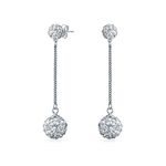 White Crystal Pave Round Double Disco Ball Drop Linear Prom Chandelier Dangle Earrings For Women .925 Sterling Silver