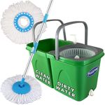 Primeway® Polypropylene Twin Double Bucket w/Handle 360 Rotating Magic Spin Mop Floor Cleaning Set with 2 Microfibre 34cm 115g Refills, 6 LTR (Green Twin Bucket w/Blue Refills)