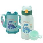 Kuber Industries Water Bottle for Kids, Dino Design Stainless Steel Flask with Straw, Cup & Fabric Cover, Sipper, Food Grade Plastic Lid, 500 ml (Pack of 1)