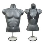 DisplayTown Gray Male + Female Mannequin Hollow Back Body Torso Set w/ Metal Stand and Metal Pole & Hanging Hook, S-M Sizes (Set of 1)