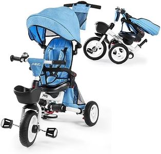 JMMD Baby Tricycle, 7-in-1 Folding Kids Trike with Adjustable Parent Handle, Safety Harness & Wheel Brakes, Removable Canopy, Storage, Stroller Bike Gift for Toddlers 18 Months - 5 Years(Blue)