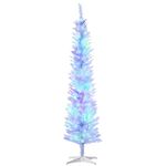 HOMCOM 7ft Tall Prelit Artificial Slim Christmas Tree Xmas Tree with Colourful Surface Branches, Colourful LED Lights, White