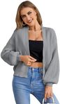 SHENHE Women's Color Block Open Front Long Sleeve Ribbed Knit Cropped Cardigan Sweaters Grey L