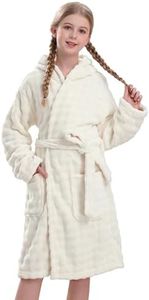 V.&GRIN Girls Hooded Towel Robe, Soft Microfiber Quick-Dry Bathrobe (Cream,9-10)