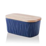 KOOV Porcelain Large Butter Dish with Lid, Airtight Butter Container with Oak Lid, Butter Crock, Perfect for 2 Sticks of Butter, Irregular Striped Series (Aegean)