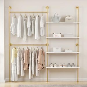 Woskar Industrial Pipe Clothing Rack, Hanging Rods Clothes Rack with Shelves, Clothes Rack for Wardrobe, Corner Closet System for Walk in Closets (Gold)