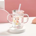 Kids Glass Milk Cup 250ml Measure Cup Cute Cartoon Sippy Cup with Silicone Straw and Lid Heat-Resistant Leak-proof Water Bottle Travel Mug Scale Drinking Glasses Juice Water Cup with Double Handle