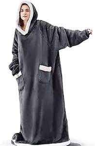 Extra Long Wearable Blanket Hoodie, Oversized Blanket Sweatshirt for Women and Men, Super Warm and Cozy Giant Hooded Blanket, Thick Flannel Blanket with Sleeves and Giant Pocket, Dark Grey, One Size