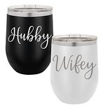 Wifey & Hubby Wine Tumbler Set Wedding Engagement Gifts for Husband, Wife, Bride, Groom, His and Her Anniversary, 12 Oz Stainless Steel Wine Tumbler with Lid, Black and White