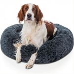 Woof & Whiskers Calming Donut Dog Bed Large 80cm – Dark Grey | Anti-Anxiety Round Plush Pet Bed for Dogs & Cats, Non-Slip Base, Machine Washable, Soft & Comfortable (Dark Grey, 80cm)