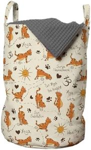 ABAKUHAUS Gato Bolsa de lavandería, Haciendo gatitos patas Yoga, Cesta con asas Cierre de cordón para las lavanderías, 2 paquetes - 33 x 33 x 49 cm, Crema de naranja Brown
