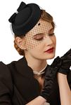 Vintage Fascinators 20s 50s Hat Pillbox Hat Cocktail Party Hat with Veil Hair Clip (C-Black)