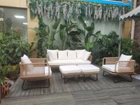 DEVOKO Metal Outdoor 6 Seater Beige Rope Sofa Conversation Set With Ottomans And White Washable All Weather Waterproof Cushion Covers For Garden, Pool, Deck, Backyard, Lawn, Terrace