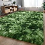 Larhom Fluffy Shag Area Rug, 5x8 Feet Dark Green Tie-Dyed Shaggy Fuzzy Carpets for Living Room, Ultra Soft Plush Rugs for Bedroom, Girls Kids Room, Nursery Dorm, Non-Slip