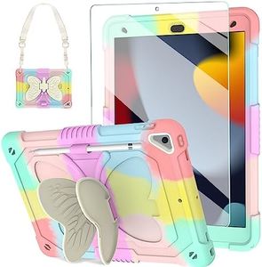 BLOSOMEET Pink Kids Case for iPad 9th/8th/7th Generation 2021/2020/2019 10.2 Inch with Tempered Glass Screen Protector & Butterfly Stand Case for iPad 10.2 with Shoulder Strap Pencil Holder