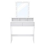 VASAGLE Vanity Desk, Makeup Vanity Table, Mirror with LED Lights and Table Set, Makeup Desk with 2 Drawers and 3 Open Compartments, Modern, White URDT184T14