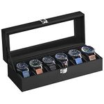 SONGMICS Watch Box with 6 Slots, Watch Case with Glass Lid, Watch Display Box with Removable Watch Pillows, Metal Clasp, Gift Idea, Black Synthetic Leather, Black Lining JWB06B01