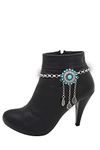 Women Western Fashion Jewelry Boot Bracelet Silver Metal Chain Shoe Anklet Turquoise Blue Beads Flower, One size, Metal