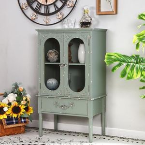 MAISON ARTS 42" Tall Accent Cabinet with Glass Doors, Farmhouse Decorative Storage Cabinet Vintage Entryway Living Room Cabinet Modern Kitchen Sideboard Buffet Cabinet, Solid Wood Legs