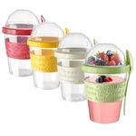 EYNEL 4 Pack On The Go Cereal Yogurt Cups with Lids and Spoon, Overnight Oats Container, Reusable Parfait Plastic Milk Pot Breakfast Crunch Granola Oatmeal Smoothie Snack Prep Jar