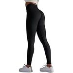 FOXYLIT Scrunch Bum High Waisted Leggings Tummy Control Butt Lifting Gym Tights for Women Workout Yoga Running Cycling (UK, Alpha, S, Regular, Regular, Black)