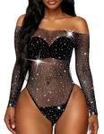 RSLOVE Women's Sexy Mesh Lingerie Sparkle Fishnet Bodysuit Babydoll One Piece Fishnet Teddy Black