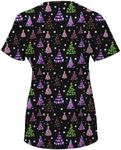 Green Town Scrubs for Women V-Neck Scrub Top - Holiday Prints, 3 Pockets, Easy Care Uniforms-Christmas Trees with Hearts-Small