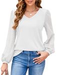 Halife Womens Long Sleeve Shirts V Neck Swiss Dot Puff Sleeve Blouses Loose Casual Tops, A-white, L