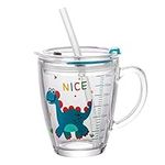 Kids Glass Milk Cup Child Glass Cup with Silicone Straw and Lid Toddler Measuring Cup with Scale Cute Tumbler Cups Clear Cartoon Glass Drinking with Handle Transparent Mug for Milk Juice Water Tea