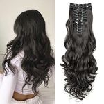 Clip in Hair Extension Long 22inch Off Black Curly Full Head Synthetic Clip on Hair Extension 180 Gram Thick Double Weft Hair Extensions Wavy Hairpieces for Women