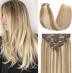 S-noilite Clip in Hair Extensions Real Human Hair Golden Brown mix Bleach Blonde Balayage Human Hair Extensions Clip Ins 18 Inch 8pcs 140g Real Hair Extensions Clip in Human Hair Double Weft #12P613