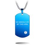 MOWOM Medical Dog Tag Pendant Necklace Custom Engraved Alert for Men Women Stainless Steel - Bundle with 5 Items: Emergency Card, Sleeve, 2 Chains, Silencer (Blue Asthma)