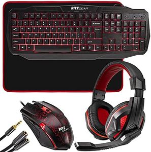 Ritz Gear Gaming Accessories Kit (Red) | 4-in-1 LED Backlight Bundle PC Combo with Multimedia Keyboard, Optical Mouse, Mouse Pad & Headset with Adapter | for Windows 7+ Desktop, Laptop, Xbox & PS4