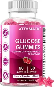 Vitamatic Glucose chewable Gummies - 60 Count - Natural Raspberry Flavor - 4G of Carbohydrate per Serving (1 Bottle)